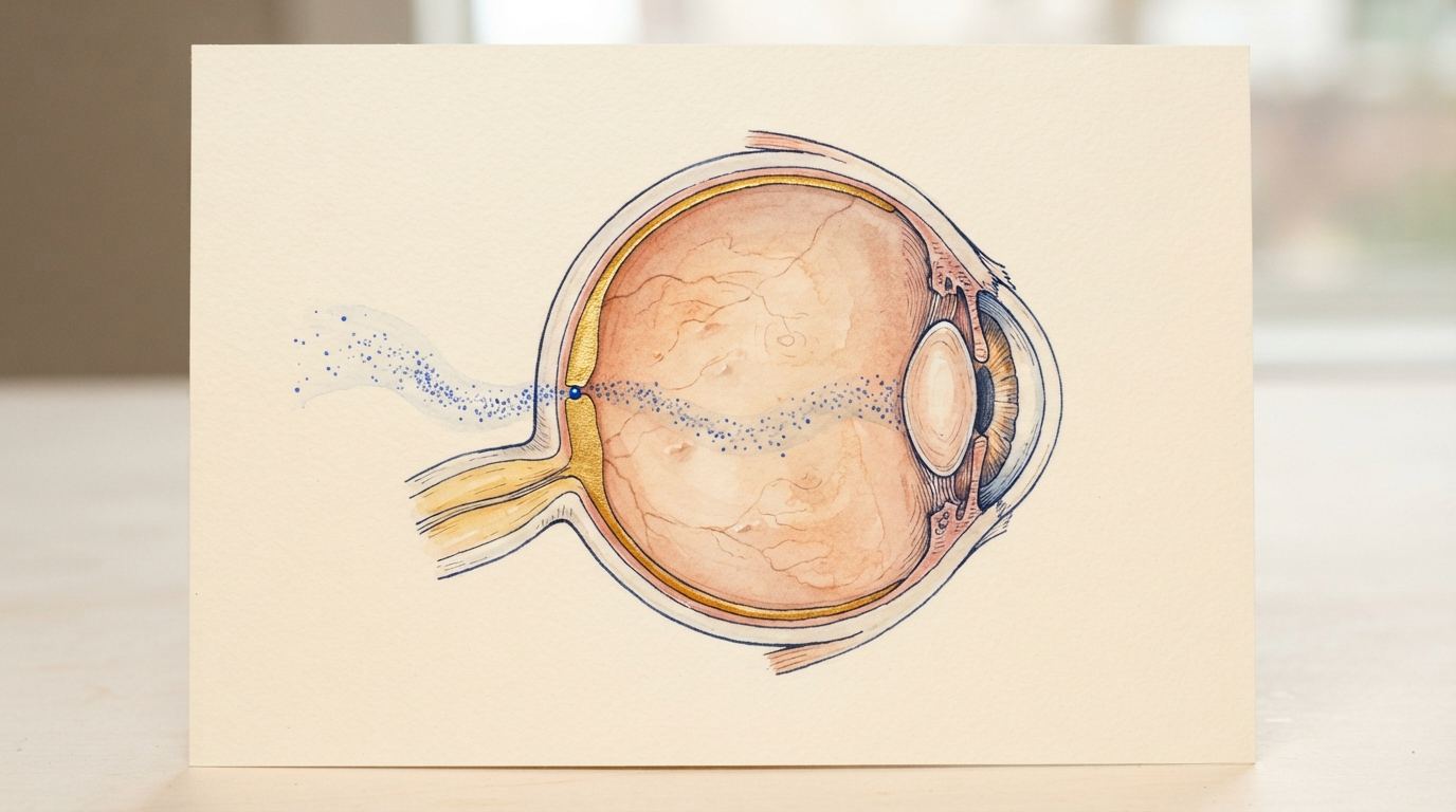 Cross-section of an eye. A gold membrane sits in front of the retina. Particles approach from the rest of the body.